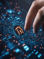 A finger touches a shining house symbol against the backdrop of a circuit board