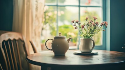 A teapot and flowers sit on a wooden table near a window