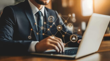 A businessman highlights the integration of CRM and blockchain technology in an online customer relationship network, reinforcing global brand loyalty and digital business strategies