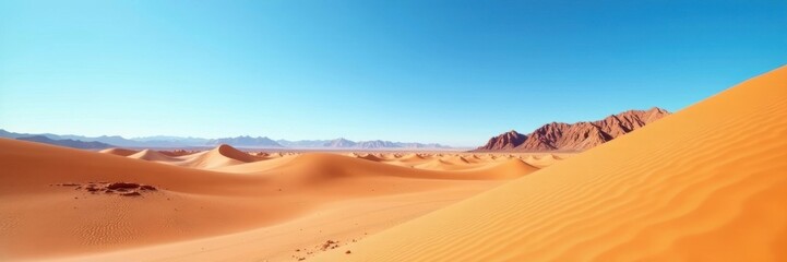 Naklejka premium Expansive desert scene; brown earth, blue sky, minimal details , wilderness, sun, landscape