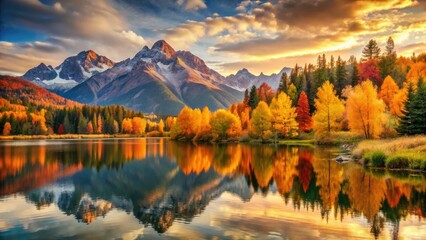 Obraz premium Autumn's breathtaking colors: golden leaves, majestic mountains, tranquil lake, stunning nature photography.
