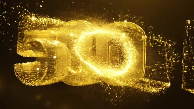 Text 500k shape created from golden light particles on black background