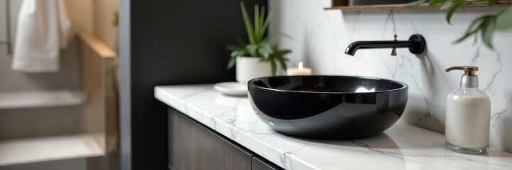 Glossy black vessel sink on a Carrara marble countertop Chic bathroom setting , chic, contrast