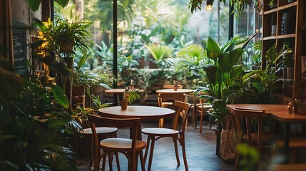 Indoor Garden Restaurant with Tables and Chairs Surrounded by Plants
