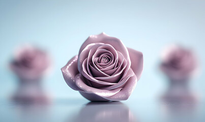 A single, glistening mauve rose in sharp focus, with two blurred roses in the background, on a reflective surface; a minimalist and elegant image.