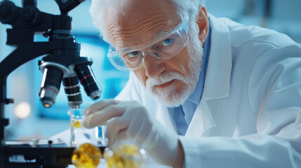 senior scientist in lab coat examines samples under microscope, showcasing focus and expertise in high tech laboratory environment