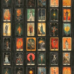 Enigmatic tarot cards pattern featuring mystical designs and symbols creating a unique seamless background wallpaper