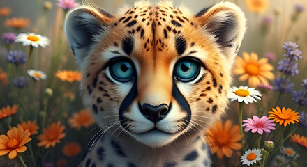 Fototapeta premium a painting of a cheetah surrounded by wildflowers and other wildflowers, with a blue - eyed, blue - eyed, blue - eyed, black - eyed, leopard - eyed, leopard - like face,.Generative AI 