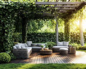 Outdoor patio scene with wicker furniture under a wooden pergola draped in green vines, showcasing a tranquil garden setting ideal for relaxation or home design concepts