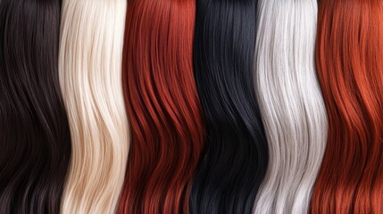 Fototapeta premium Diverse Range of Hair Colors Displayed in Straight, Glossy Strands for Beauty and Fashion Inspiration