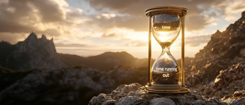 A golden hourglass with the words "time running out" written on it