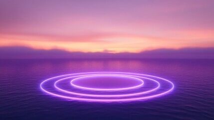 Glowing neon circles on calm water at sunset.