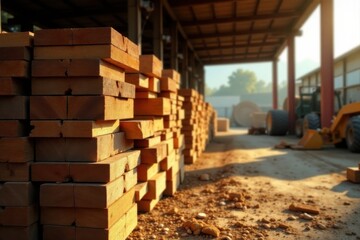 Golden Hour Lumber Stack at a Construction Site Rows of neatly arranged wooden planks bathed in the warm glow of the setting sun, hinting at the progress and potential of a building project.