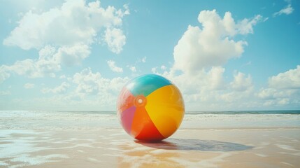 Colorful beach ball on sandy shore