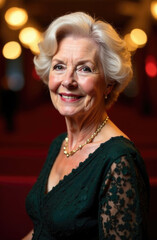Fototapeta premium portrait of a beautiful, smiling, well-groomed elderly woman in an emerald evening dress, elegant hairstyle with short gray hair, red theater interior on a blurred background