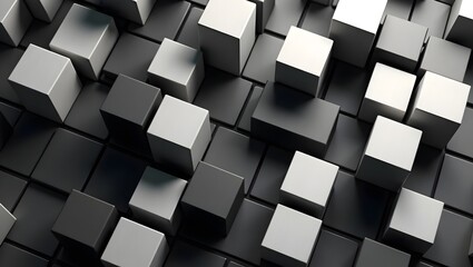Monochrome 3D Cubes with Glossy Highlights. Minimalist Abstract Grid in Black, White, and Gray Tones.