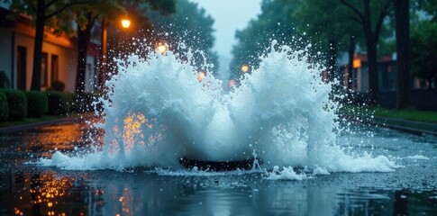 Powerful water jet erupts from storm drain after intense rain , intense rain, drainage system, concrete