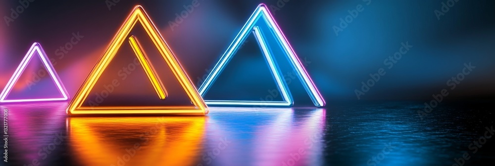 Poster neon triangle light structures - abstract of three glowing neon triangles reflecting on a dark surfa