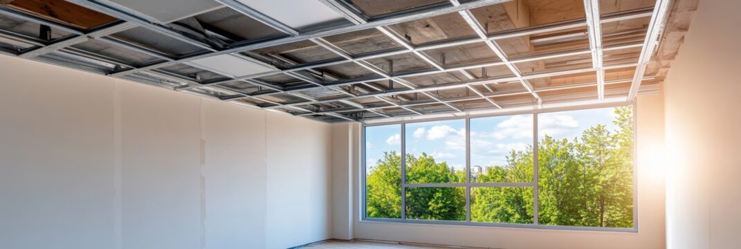 New Office Construction Ceiling Grid - Modern office space under construction, showcasing a newly installed ceiling grid system and large windows with a view of lush green trees