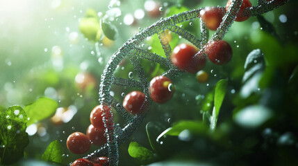 A conceptual illustration represents genetically modified food and biotechnology, showcasing DNA strands as symbols of engineered agriculture