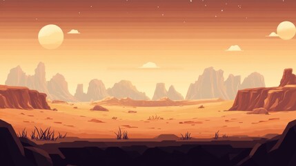 Desert landscape at sunset with rocky mountains and sparse vegetation.