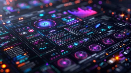 Complex digital interface displays a vibrant array of data visualizations, charts, and metrics, suggesting user interaction and real time analytics in a tech centric environment.