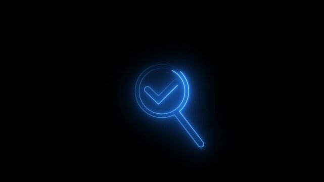owing neon checkmark icon on search icon animation with black background. neon search icon animation concept.