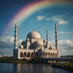 A dreamlike mosque built on a rainbow bridge between two clouds.