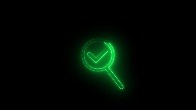 owing neon checkmark icon on search icon animation with black background. neon search icon animation concept.