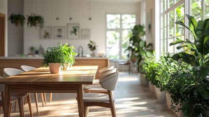 Fototapeta premium Sunlit dining area adorned with lush greenery and wooden furniture