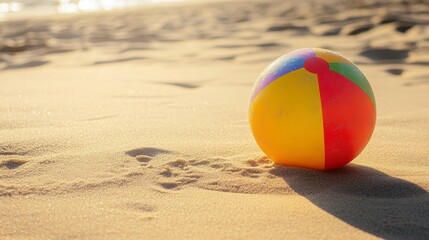 Obraz premium Colorful beach ball on sandy shore at sunset. Possible use Stock photo for travel, beach, vacation, or leisure