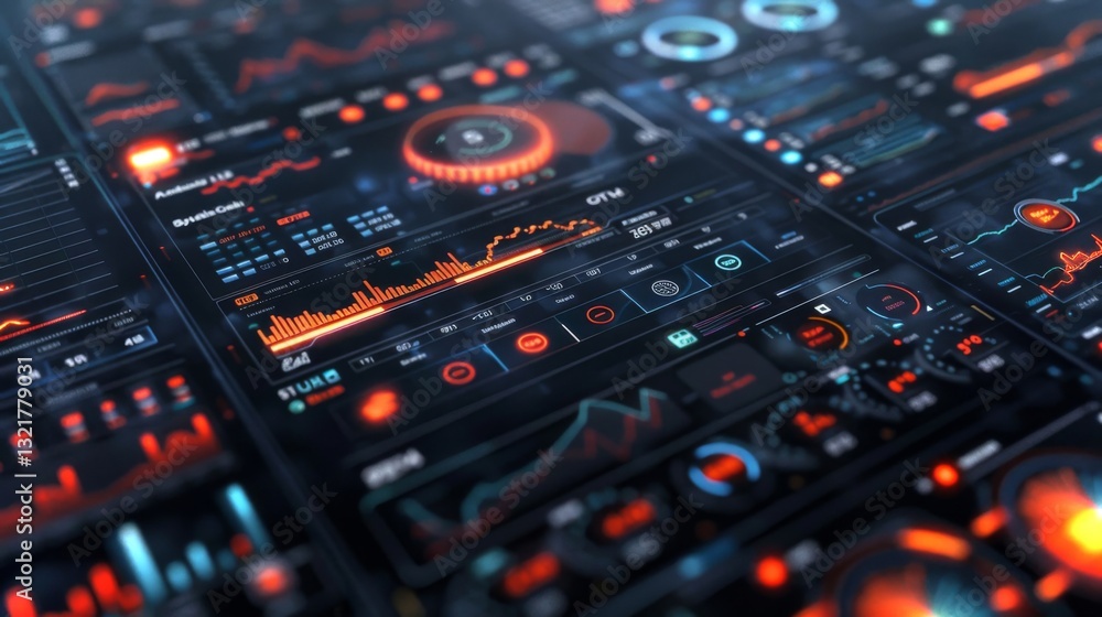 Fototapete Complex interface shows multiple data points, graphs, and metrics, highlighting a vibrant color palette, likely monitored in a tech oriented workspace at night.