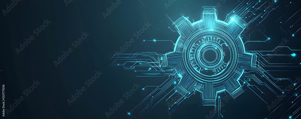 Poster digital gear with integrated circuit patterns against dark background