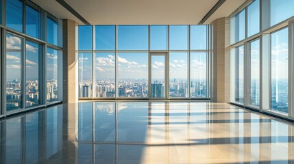 Obraz premium Luxurious bright interior office space overlooking a cityscape view
