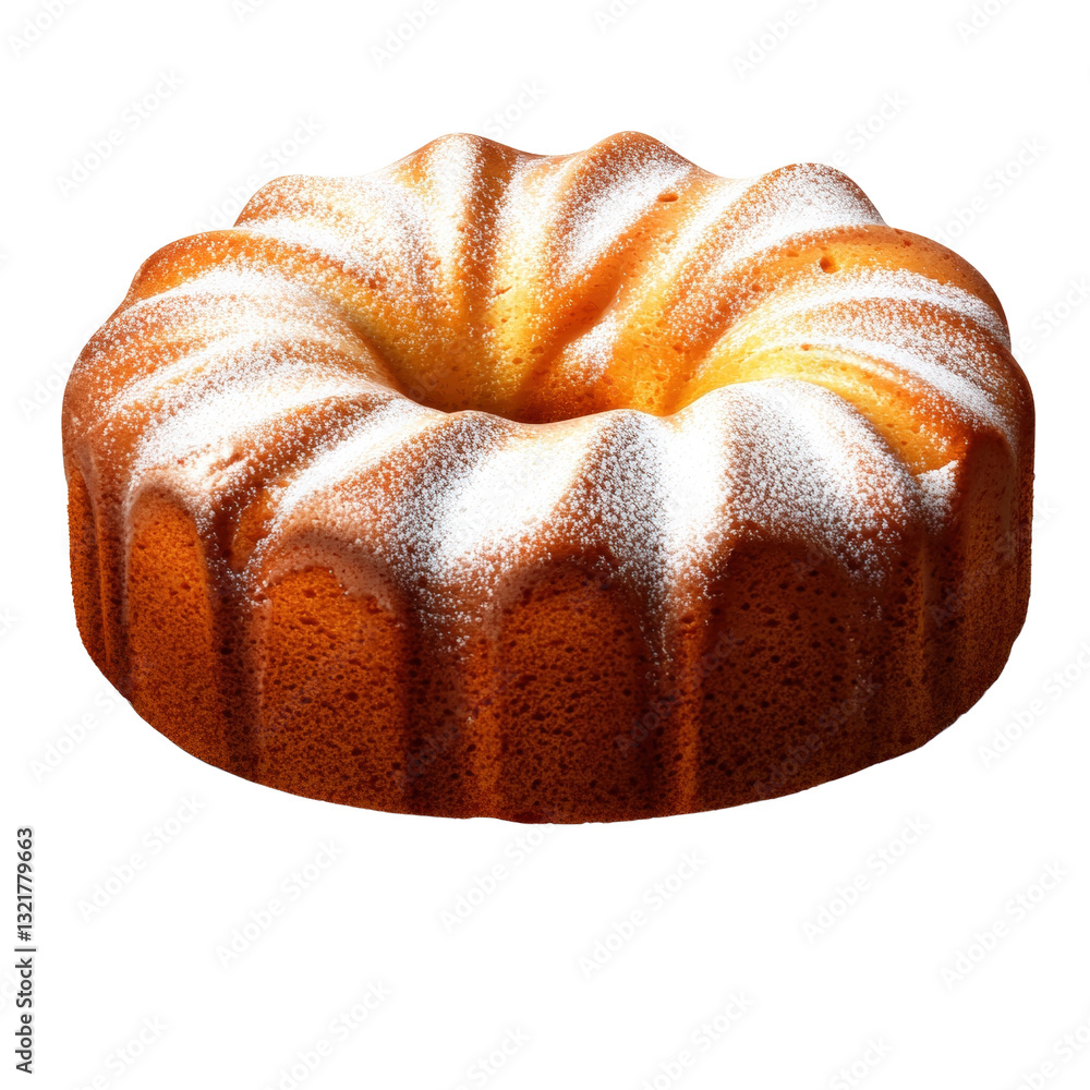 Poster beautiful bunt cake topped with powdered sugar and decorated with fresh berries on a bright backgrou