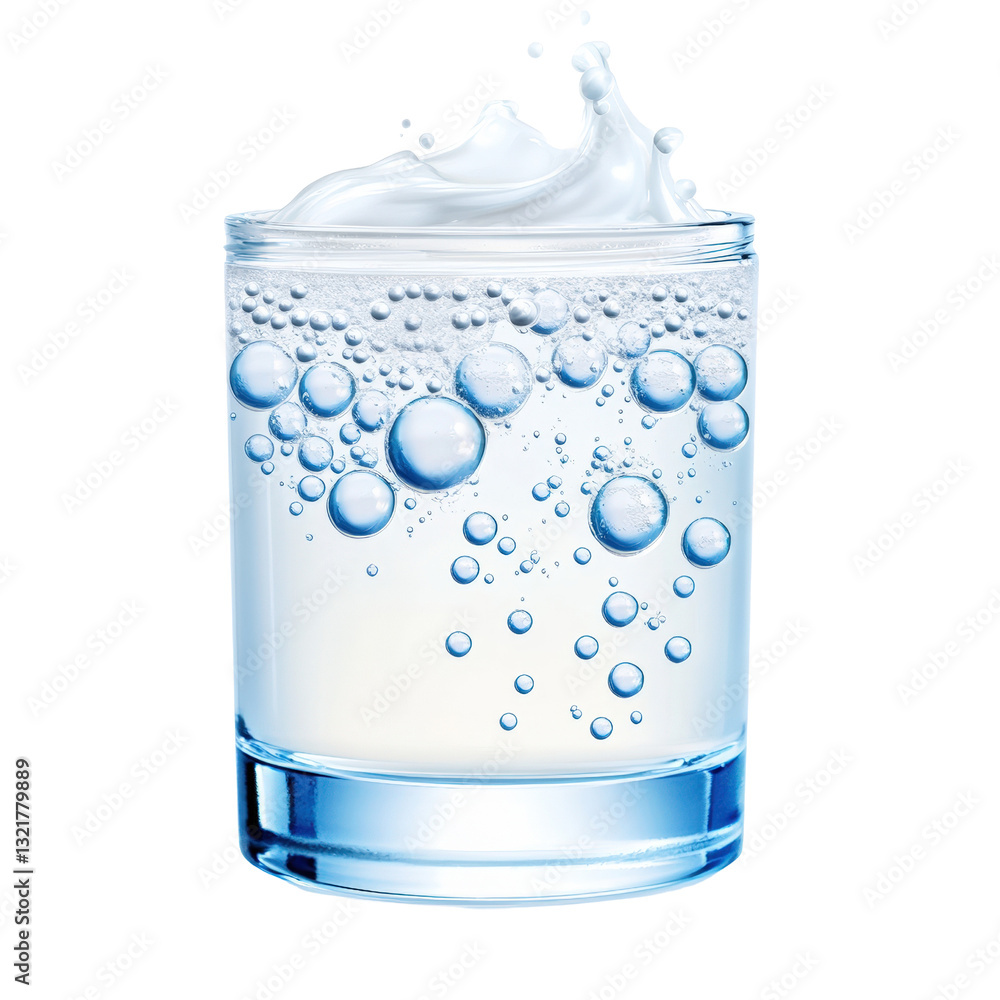 Poster refreshing glass of water with a splash of milk creating beautiful swirls and patterns against a lig