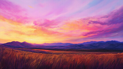 Obraz premium Sunsets over the horizon paint the sky with warm shades of pink, orange, and purple.