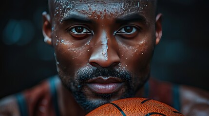 A muscular, bald African American man in a black basketball jersey holds a basketball in front of him.