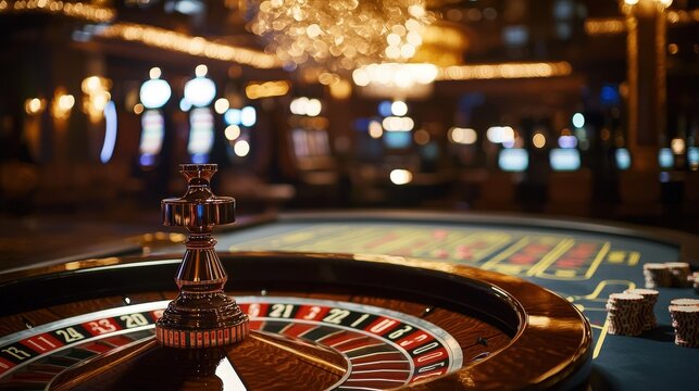 Roulette Wheel in a Casino Setting: Chance and Luxury. Ideal for entertainment, risk management, and gaming industry promotions, gambling awareness campaigns.