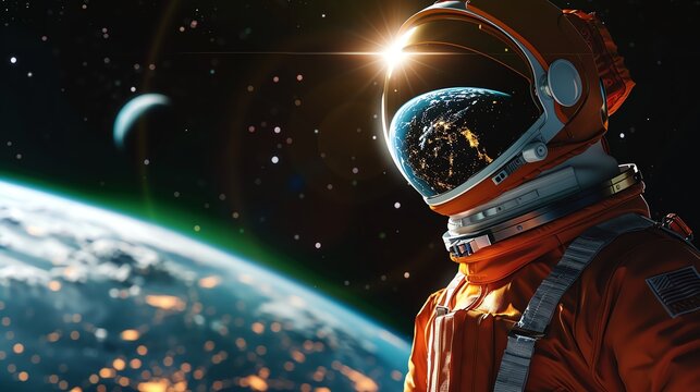  The astronaut in a bright orange suit is floating in space, surrounded by stars and galaxies, creating the illusion of zero gravity in the vastness of space