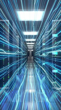 Digital data flow in server room with computer racks - storage or hosting concept - 3d 4k vertical animation (2160x3840 px)