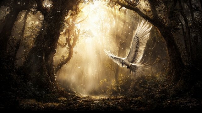 Majestic winged creature in himmapan forest ethereal beauty and enchanted light photography