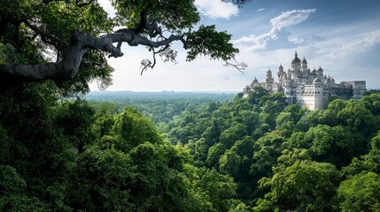 Fototapeta premium Majestic royal palace emerging from lush greenery scenic viewpoint architectural wonder nature setting