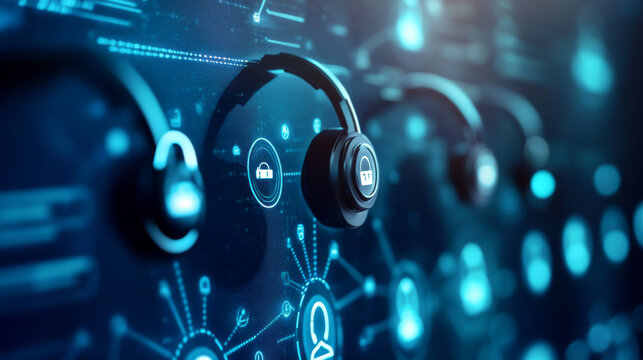 A futuristic digital interface displays interconnected glowing icons, representing customer service, call centers, and a virtual contact system