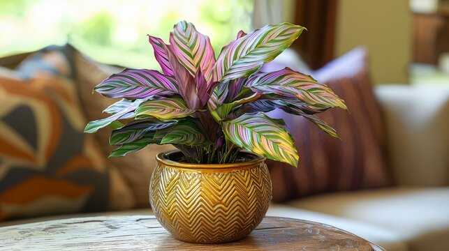 A decorative calathea plant in a golden ceramic pot, with striking purple and green leaves --chaos 20 --ar 16:9 --quality 2 --v 6.1 Job ID: 5e885580-4df3-451f-9e71-b7e4f7bd1e52