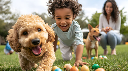 joyful community Easter event with kids, parents, and pets enjoying outdoor activities