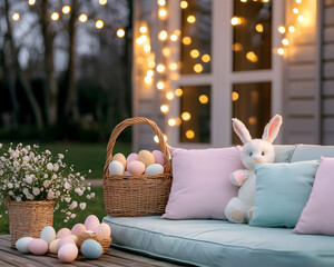 cozy backyard Easter egg hunt setup with fairy lights, pastel cushions, and plush bunny