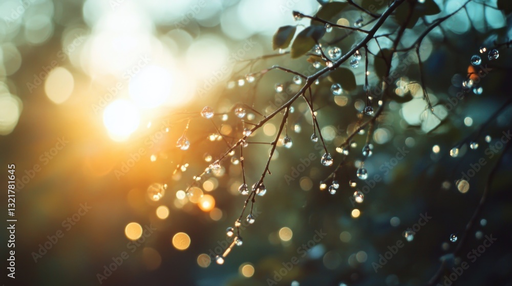 Poster dewdrops on a branch at sunrise, backlit by warm sunlight, creating a bokeh effect.
