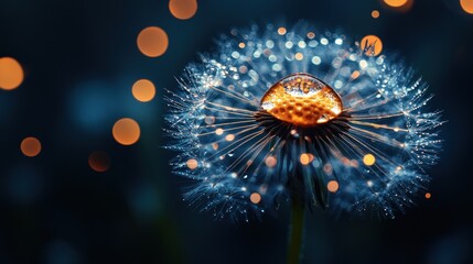 Fototapeta premium Dewdrop on dandelion seed head, bokeh background.