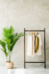 Wooden clothing rack with neutral garments hanging near green plant in minimalist bright interior